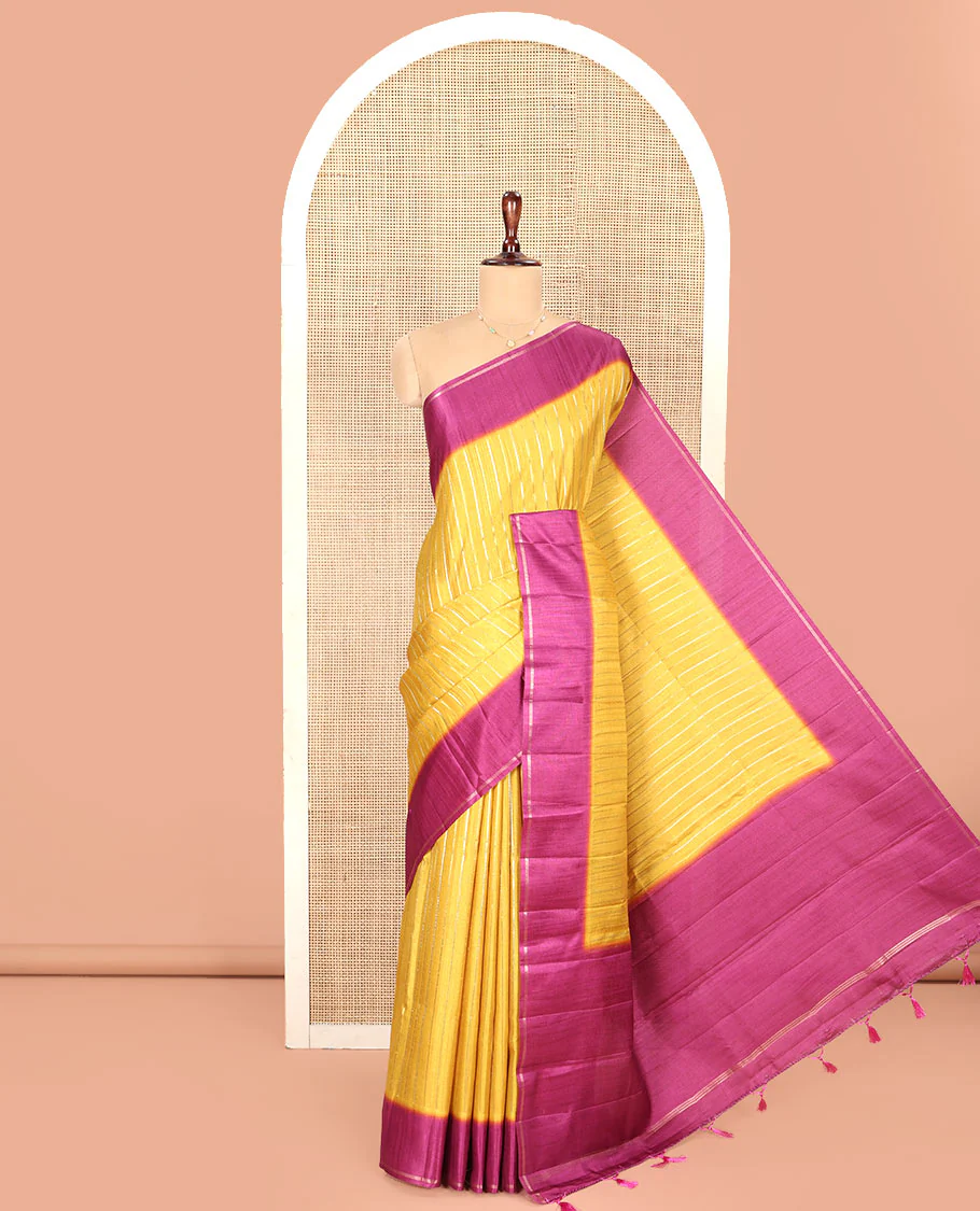 Mustard Fancy Tussar Saree, Highlighted by Vertical Zari Stripes Across Its Body, Complemented by Captivating Contrast Geometric Patterned Border, Subtle Pallu and Paired with a Contrast Blouse - Image 3