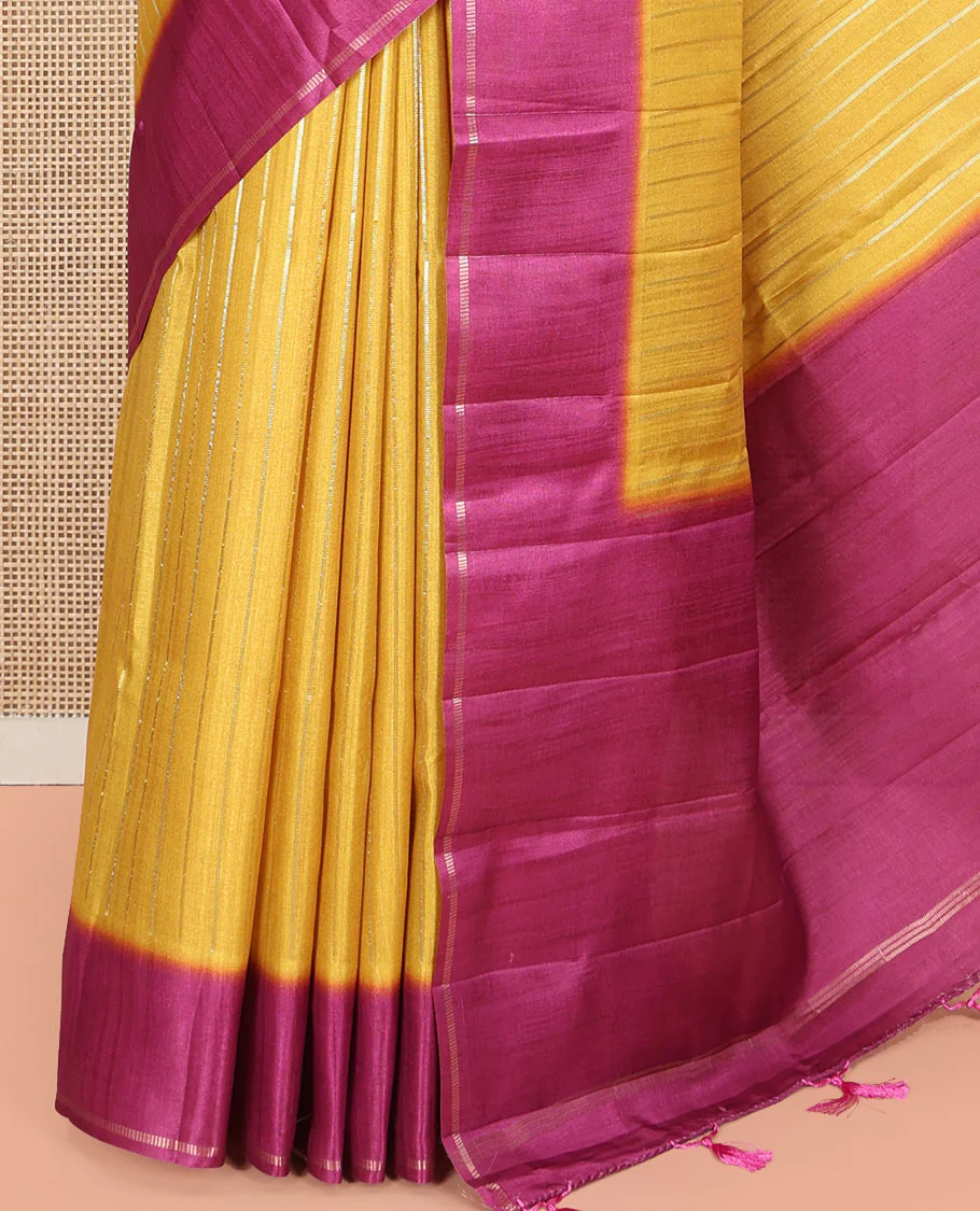Mustard Fancy Tussar Saree, Highlighted by Vertical Zari Stripes Across Its Body, Complemented by Captivating Contrast Geometric Patterned Border, Subtle Pallu and Paired with a Contrast Blouse - Image 5