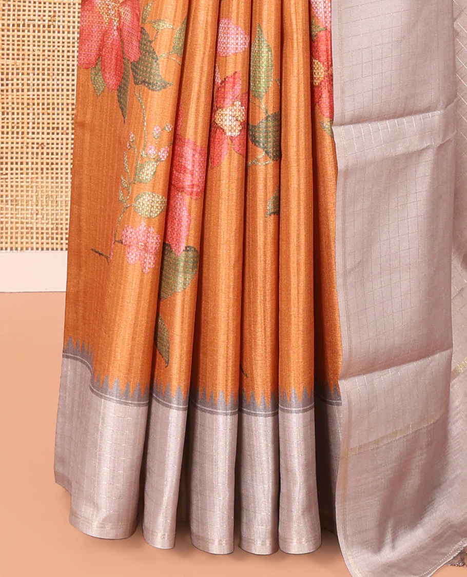 Mustard Fancy Tussar Silk Saree, Elevated with Floral Cross Stitch Embroidery All Over Its Body, Complemented by a Contrast Temple Zari Checked Border, Pallu of Checked Designs, and Paired with a Contrast Blouse - Image 3