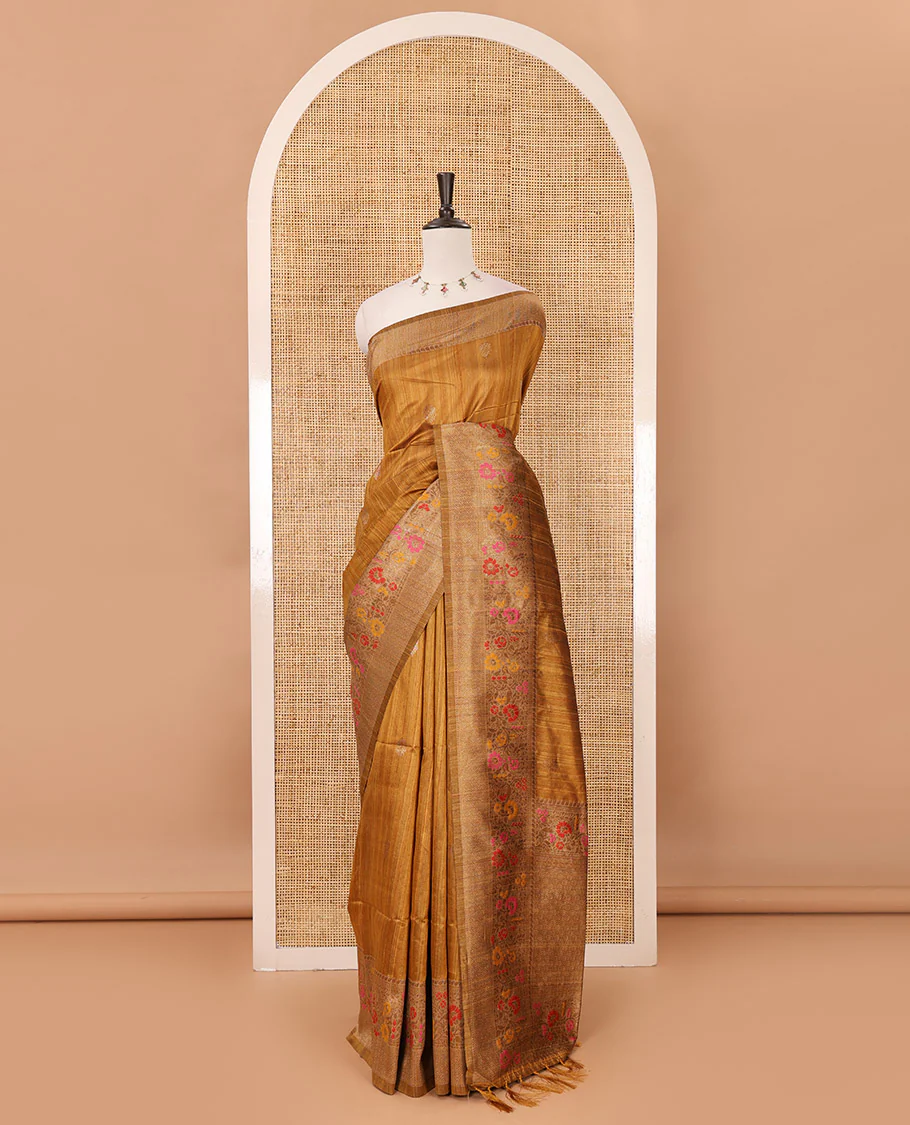 Mustard floral zari buttas jute silk saree, contrast meenakari floral creeper & jaal design border, jaal pallu & matching plain blouse - Image 2