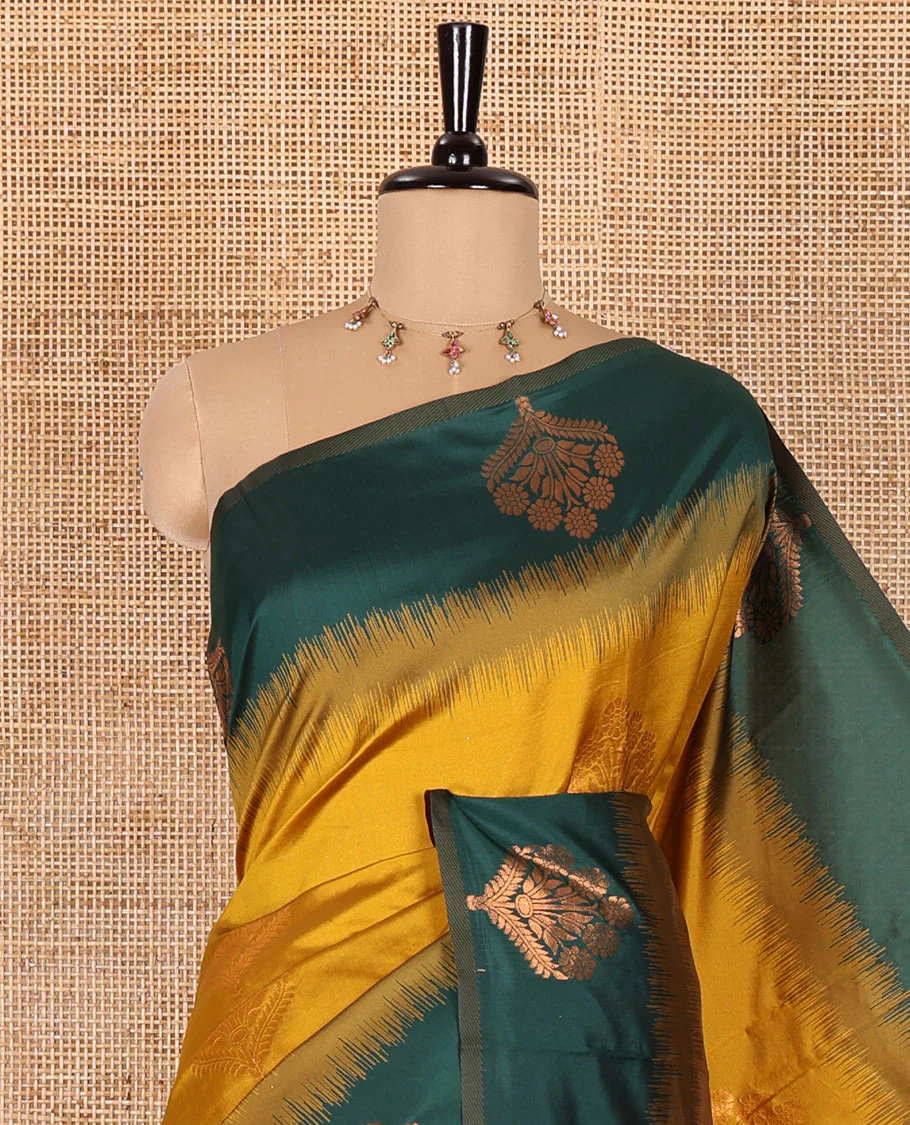 Mustard floral zari buttas Kanchi silk saree, contrast floral motifs zari woven border, butta enclosed jaal pallu, and a zari design pallu - Image 2