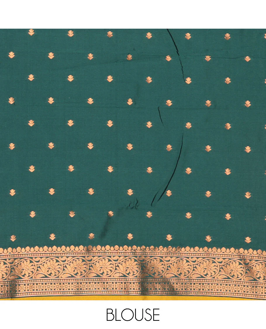 Mustard floral zari buttas Kanchi silk saree, contrast floral motifs zari woven border, butta enclosed jaal pallu, and a zari design pallu - Image 3