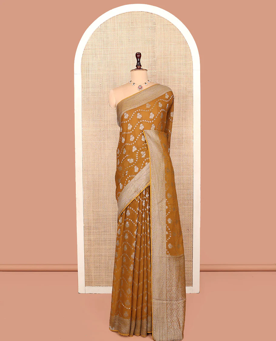 Mustard Georgette Saree, Adorned with Buttas and Stripes, Highlighted by a Traditional Border, Intricately Designed Pallu, and a Matching Blouse - Image 2