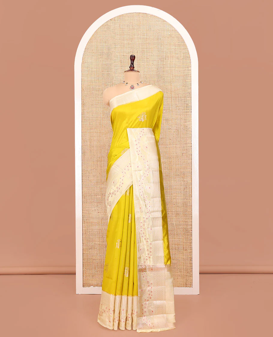 Mustard Green-Mango-Silk Saree, Embellished with Floral Zari Buttas All Over Its Body, Complemented by a Contrast Meenakari Zari Traditional Border of Floral Designs, Grand Pallu, and Paired with a Contrast Blouse - Image 5