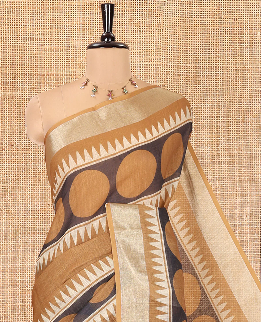 Mustard Linen Cotton Saree, Adorned with Polka Dot and Temple Buttas on Its Body, Highlighted by a Zari Border, Pallu Steeped with Floral Designs, and Paired with a Matching Blouse (Copy) - Image 2
