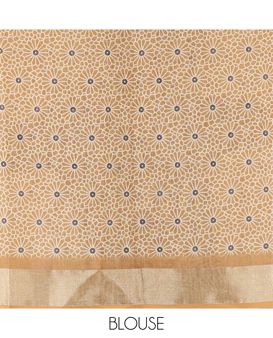 Mustard Linen Cotton Saree, Adorned with Polka Dot and Temple Buttas on Its Body, Highlighted by a Zari Border, Pallu Steeped with Floral Designs, and Paired with a Matching Blouse (Copy) - Image 3