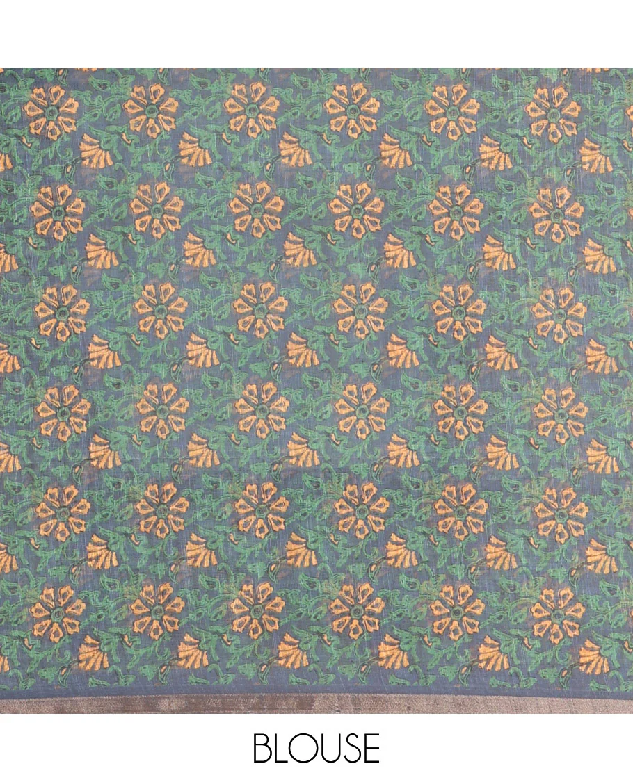 Mustard Linen Cotton Saree, Adorned with Shibori Prints on Its Body, Subtle Contrast Piping Border, Pallu of Floral Print, and Paired with a Matching Blouse - Image 3