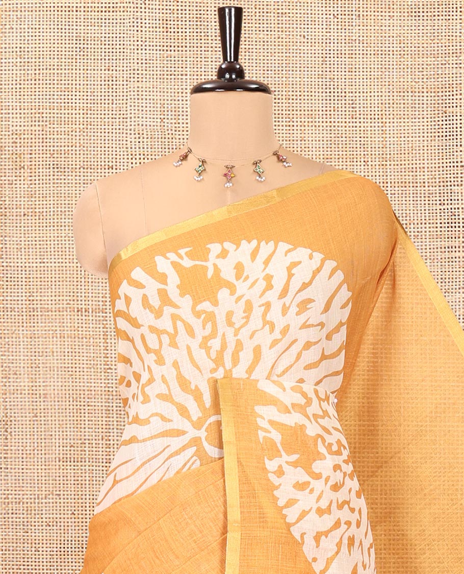 Mustard Linen Cotton Saree, Gleamed Up with Floral Motifs Printed on Its Body, Subtle Piping Border, Complemented by a Contrast Floral Printed Blouse, and Paired with a Contrast Blouse - Image 2