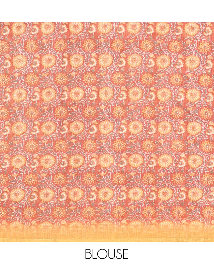 Mustard Linen Cotton Saree, Gleamed Up with Floral Motifs Printed on Its Body, Subtle Piping Border, Complemented by a Contrast Floral Printed Blouse, and Paired with a Contrast Blouse - Image 3