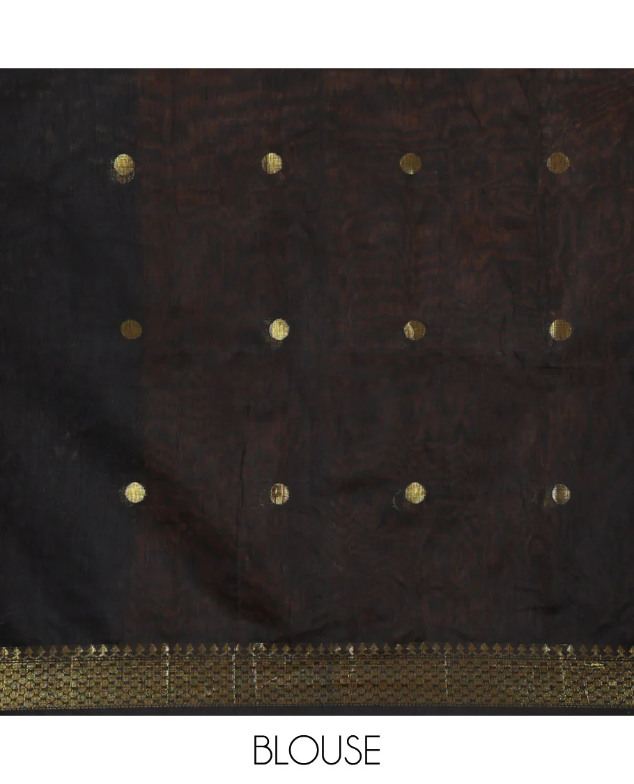 Mustard Maheshwari Cotton Saree, Flower Buttas All Over Its Body, Highlighted by Zari Border, Pallu of Contrast Floral Buttas, and a Contrast Blouse - Image 3
