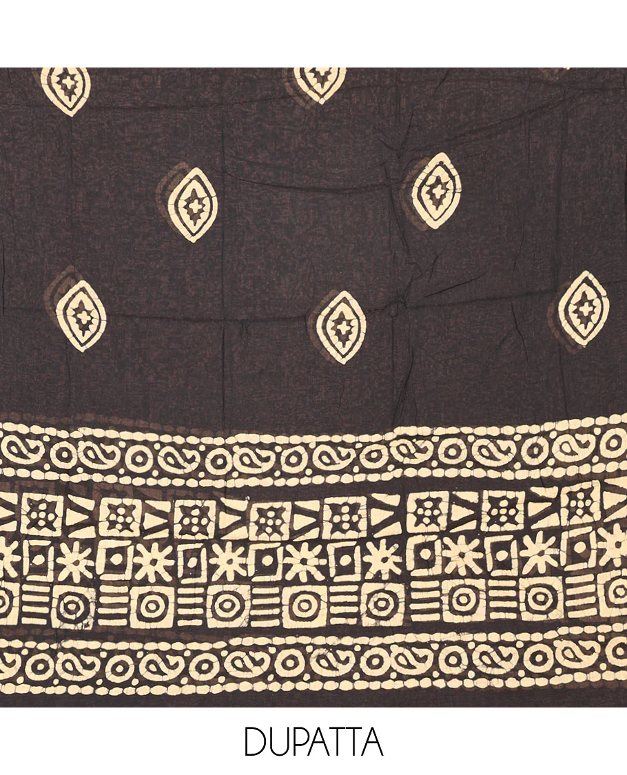 Mustard Material Chudidar Set Beautified with Kantha Embroidery, Batik Print, and Mirror Work on the Cotton Top, Comes with a Batik Geometric Patterns Printed Bottom, and a Cotton Batik Geometric Printed Dupatta - Image 2