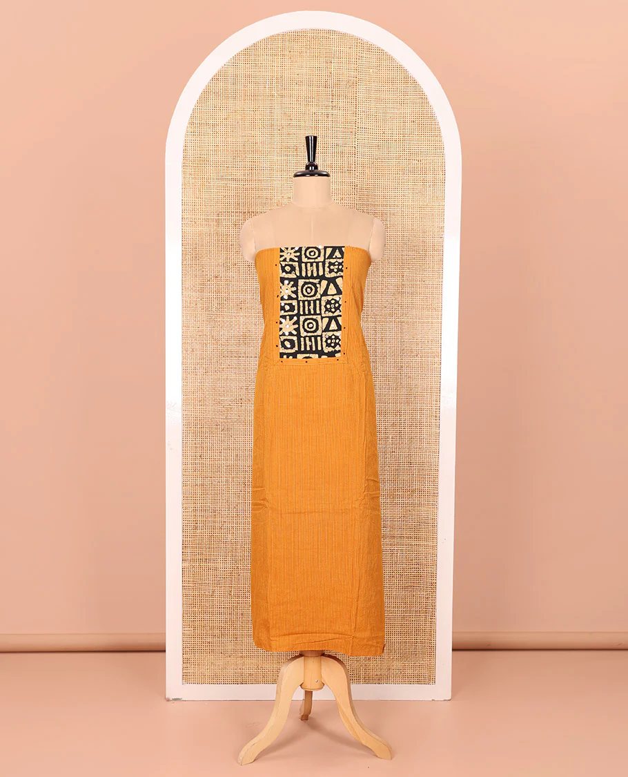 Mustard Material Chudidar Set Beautified with Kantha Embroidery, Batik Print, and Mirror Work on the Cotton Top, Comes with a Batik Geometric Patterns Printed Bottom, and a Cotton Batik Geometric Printed Dupatta - Image 4