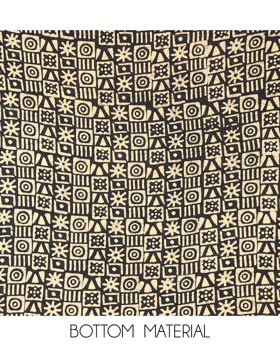 Mustard Material Chudidar Set Beautified with Kantha Embroidery, Batik Print, and Mirror Work on the Cotton Top, Comes with a Batik Geometric Patterns Printed Bottom, and a Cotton Batik Geometric Printed Dupatta - Image 5