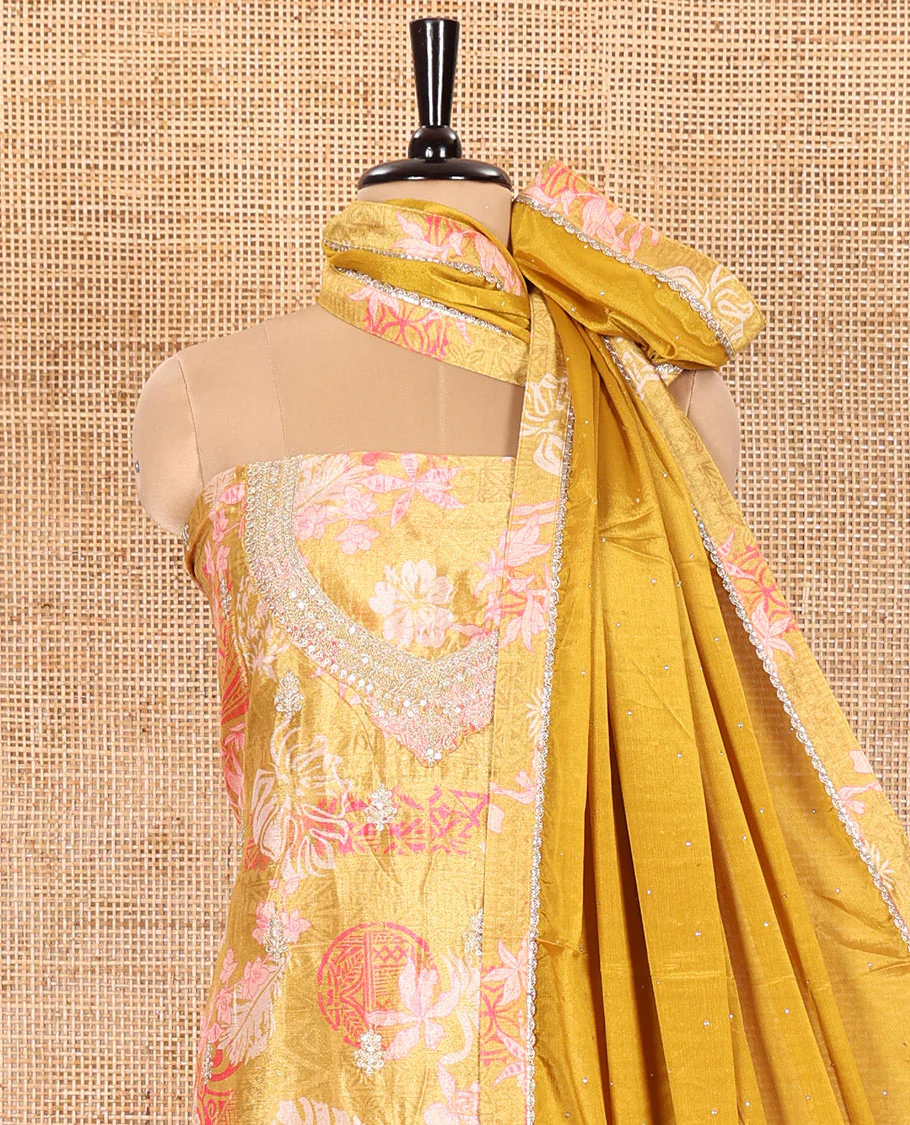 Mustard Material Chudidar Set Elevated with Floral-Geometric Printed with Neck Embroidered Chinon Top, Subtly Made Plain Santoon Bottom, and a Chinon Dupatta Featuring Printed Border, and Glitter Dots - Image 3