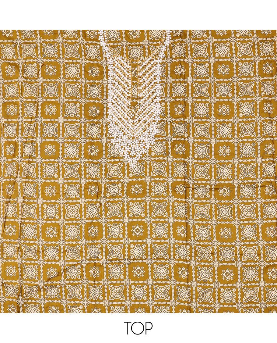 Mustard Material Chudidar Set, Elevated with Intricately Printed and Neck Embroidery on Rayon Top, a Contrast Polka Dot Printed Bottom, and Paired with Embroidered Chiffon Dupatta - Image 2