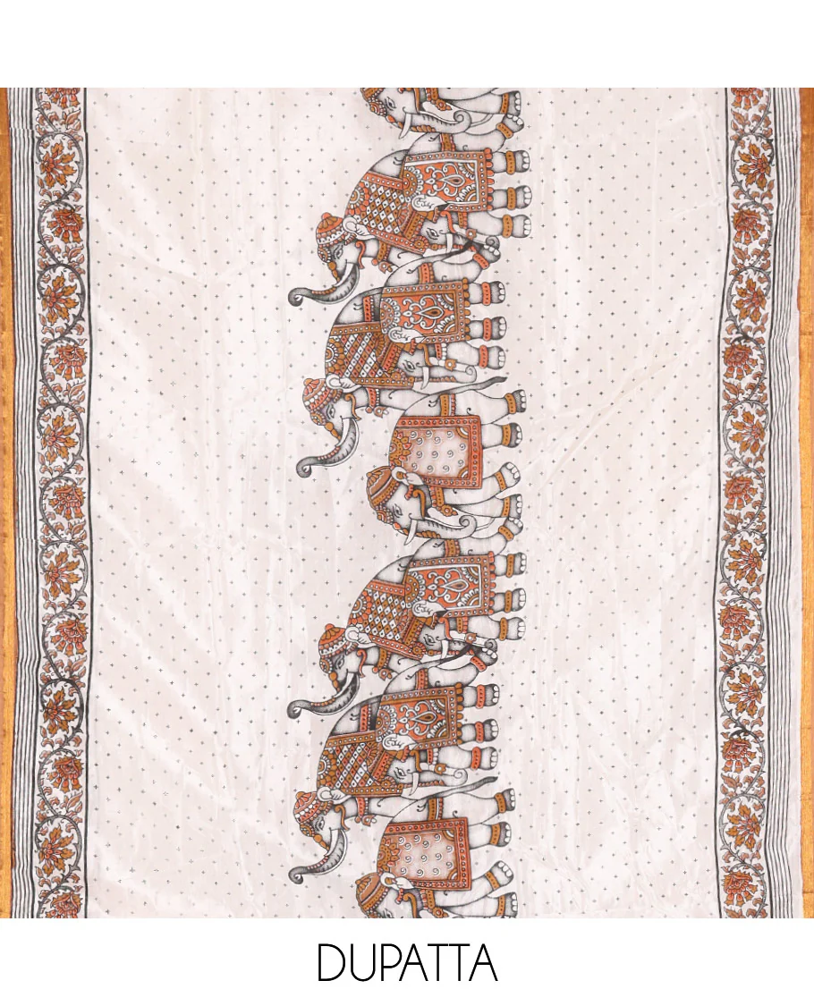 Mustard Material Churidar Set, Accentuated with Zari Checked Semi-Silk Top, Comes with a Contrast Plain Soft Cotton Bottom, and a Contrast Semi-Silk Dupatta, Pictures a Herd of Elephants - Image 2