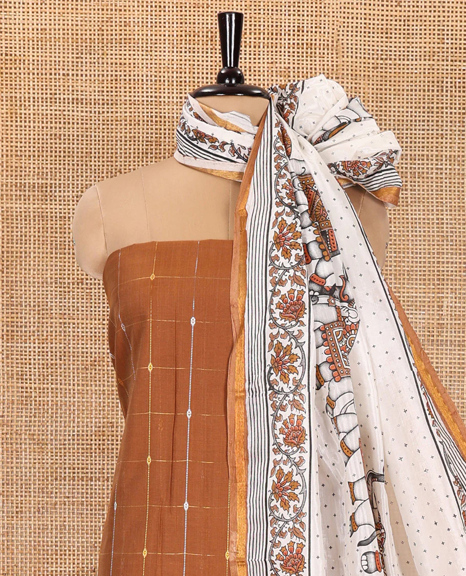 Mustard Material Churidar Set, Accentuated with Zari Checked Semi-Silk Top, Comes with a Contrast Plain Soft Cotton Bottom, and a Contrast Semi-Silk Dupatta, Pictures a Herd of Elephants - Image 3