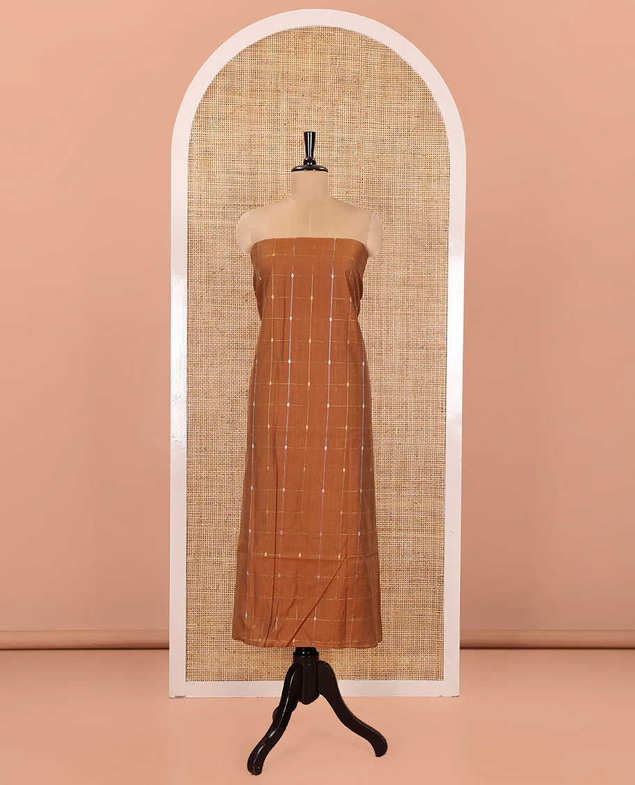 Mustard Material Churidar Set, Accentuated with Zari Checked Semi-Silk Top, Comes with a Contrast Plain Soft Cotton Bottom, and a Contrast Semi-Silk Dupatta, Pictures a Herd of Elephants - Image 4