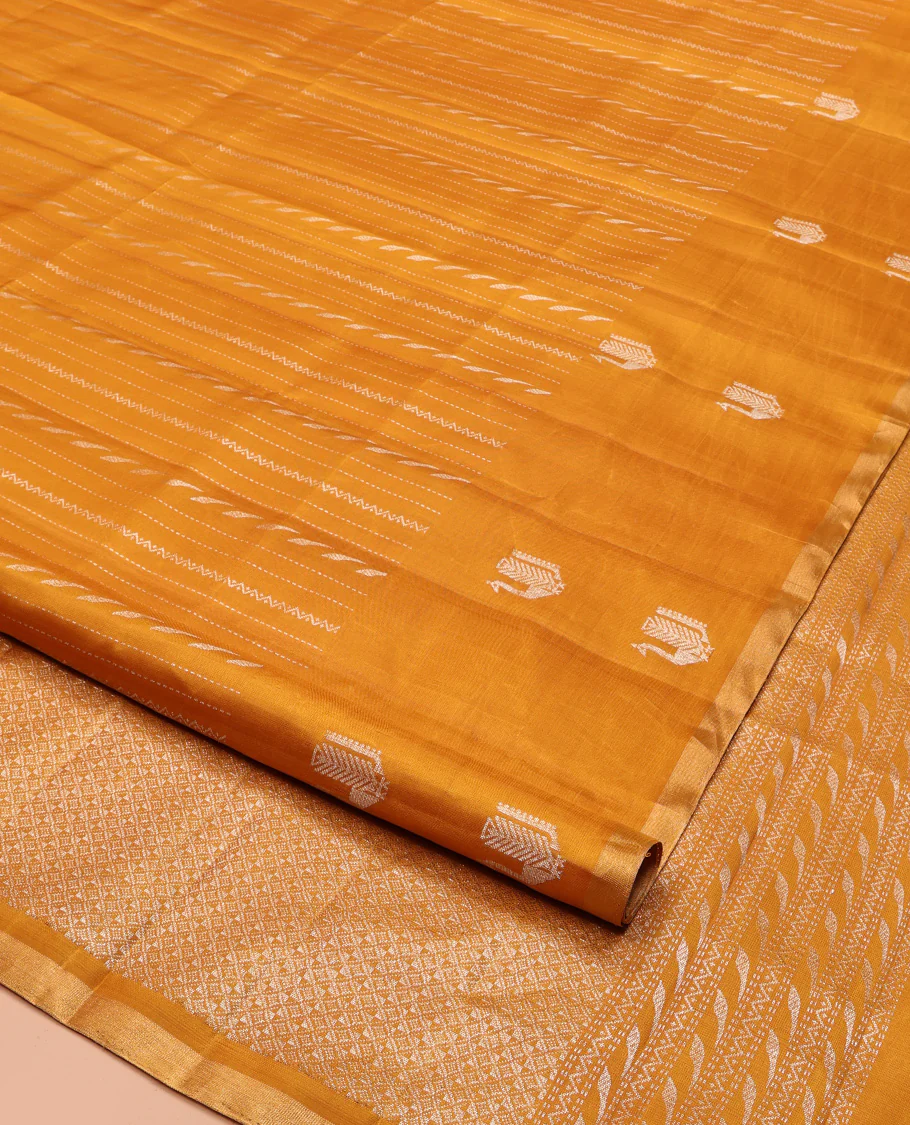 Mustard Mayuri Soft Silk Saree Elevated with Neli and Muthu Stripes On Its Body, Highlighted by Peacock Motifs Border, Jaal Pallu and Paired with a Matching Blouse - Image 2