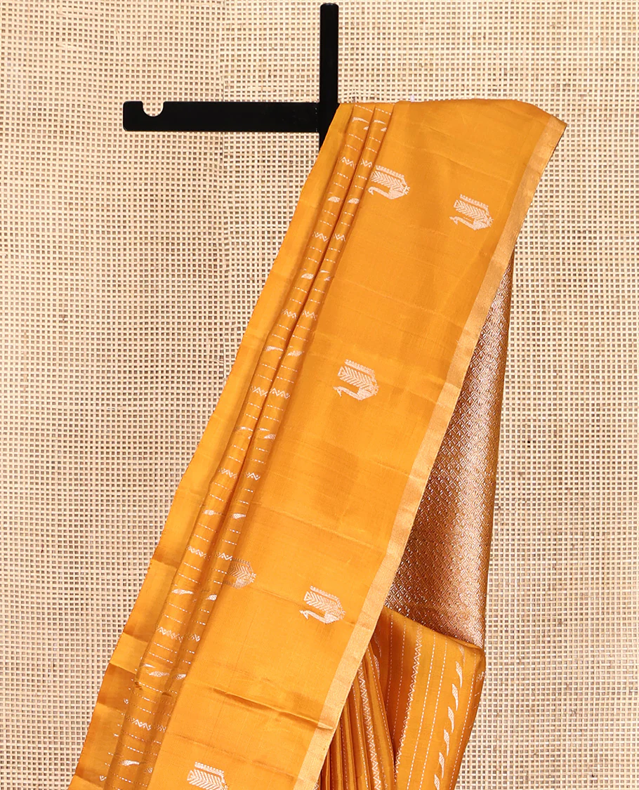 Mustard Mayuri Soft Silk Saree Elevated with Neli and Muthu Stripes On Its Body, Highlighted by Peacock Motifs Border, Jaal Pallu and Paired with a Matching Blouse - Image 3
