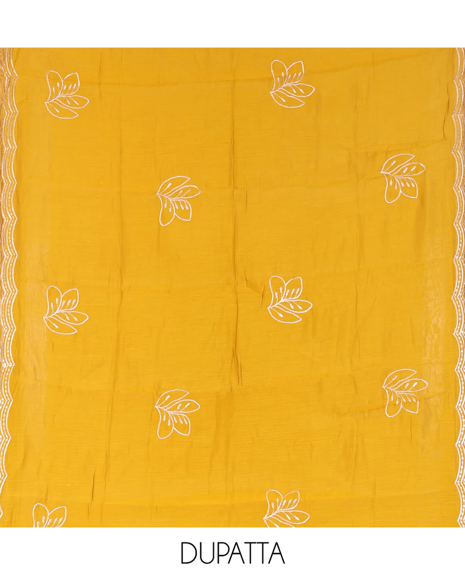 Mustard Mul Chanderi Designer Material Chudidar Set, Meticulously Woven with Big Floral Motifs Embroidered On Its Top, A Plain Santoon Bottom, and Paired with a Mul Chanderi Scallop Thread Embroidered Dupatta - Image 2