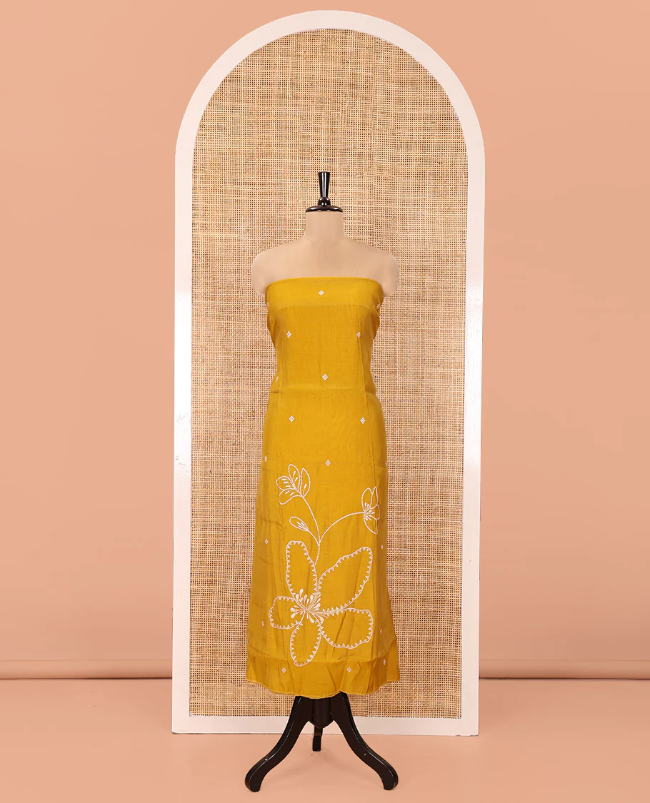 Mustard Mul Chanderi Designer Material Chudidar Set, Meticulously Woven with Big Floral Motifs Embroidered On Its Top, A Plain Santoon Bottom, and Paired with a Mul Chanderi Scallop Thread Embroidered Dupatta - Image 4