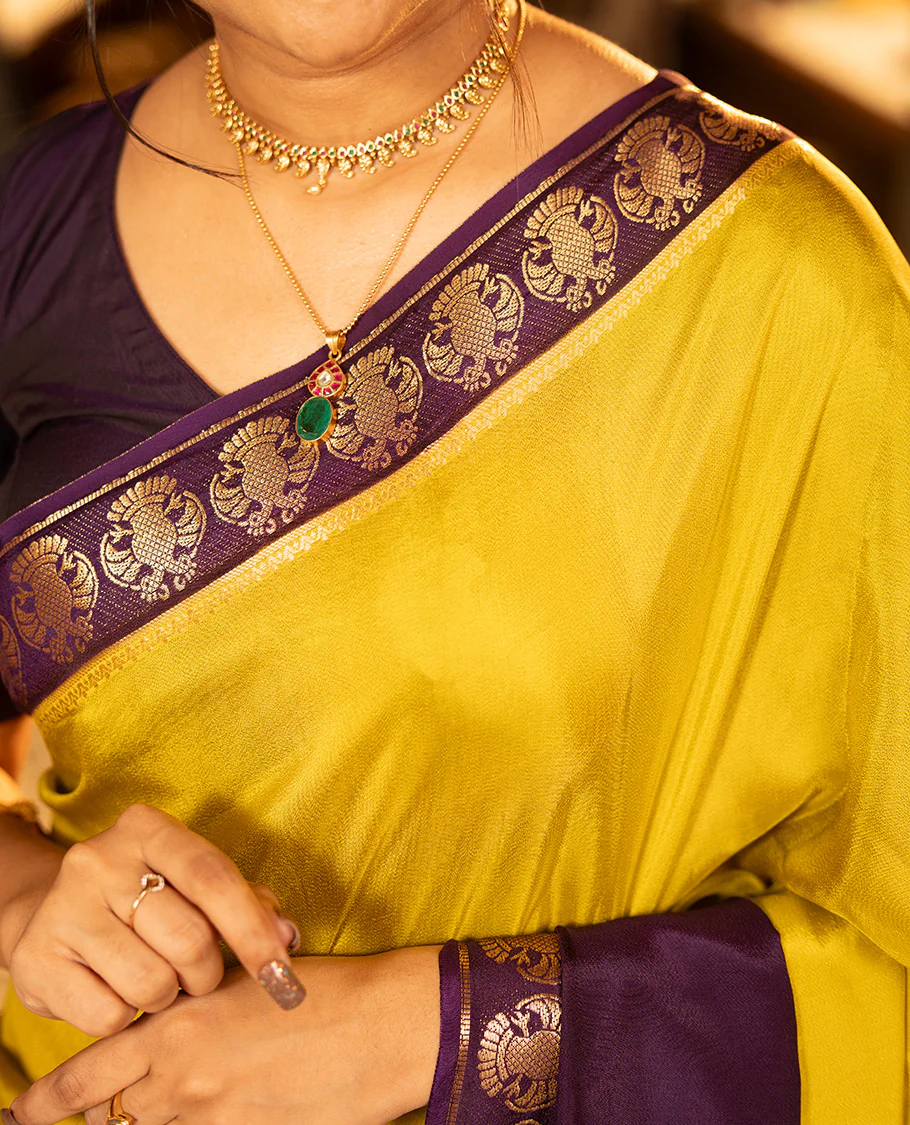 Mustard Plain Dola Silk Saree, Complemented by Contrast Rettai Pettu Ganda Berunda Motifs, Zari Border, Gleaming Zari Striped Pallu, and Paired with a Contrast Blouse - Image 2