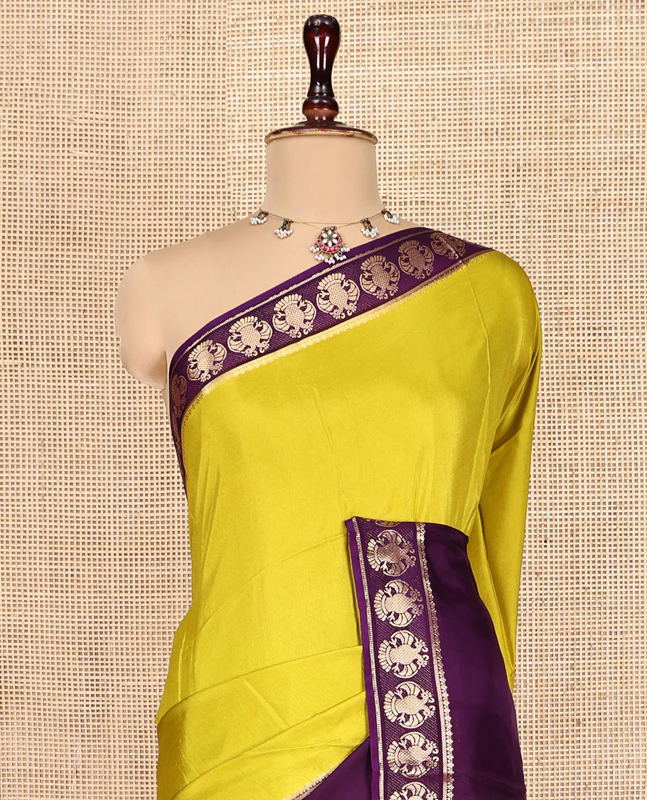 Mustard Plain Dola Silk Saree, Complemented by Contrast Rettai Pettu Ganda Berunda Motifs, Zari Border, Gleaming Zari Striped Pallu, and Paired with a Contrast Blouse - Image 6