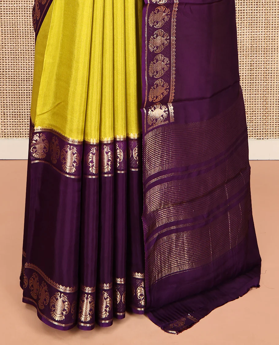 Mustard Plain Dola Silk Saree, Complemented by Contrast Rettai Pettu Ganda Berunda Motifs, Zari Border, Gleaming Zari Striped Pallu, and Paired with a Contrast Blouse - Image 8