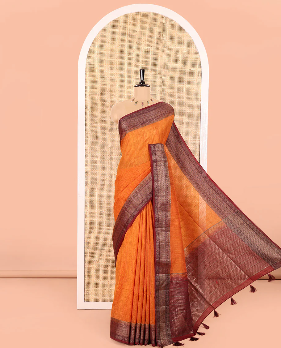 Mustard Plain Jute Linen Saree, Complemented with a Contrast Border of Geometric Patterned in Antique Zari, Zari Striped Pallu, and a Contrast Blouse