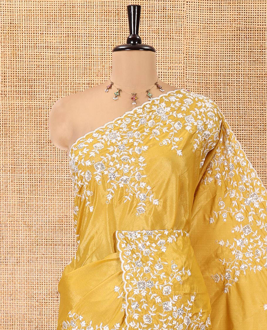 Mustard Plain Satin Crepe Saree, Accentuated with Floral Vine Thread Embroidery on Its Border, a Self-Pallu, and Paired with a Matching Blouse - Image 2