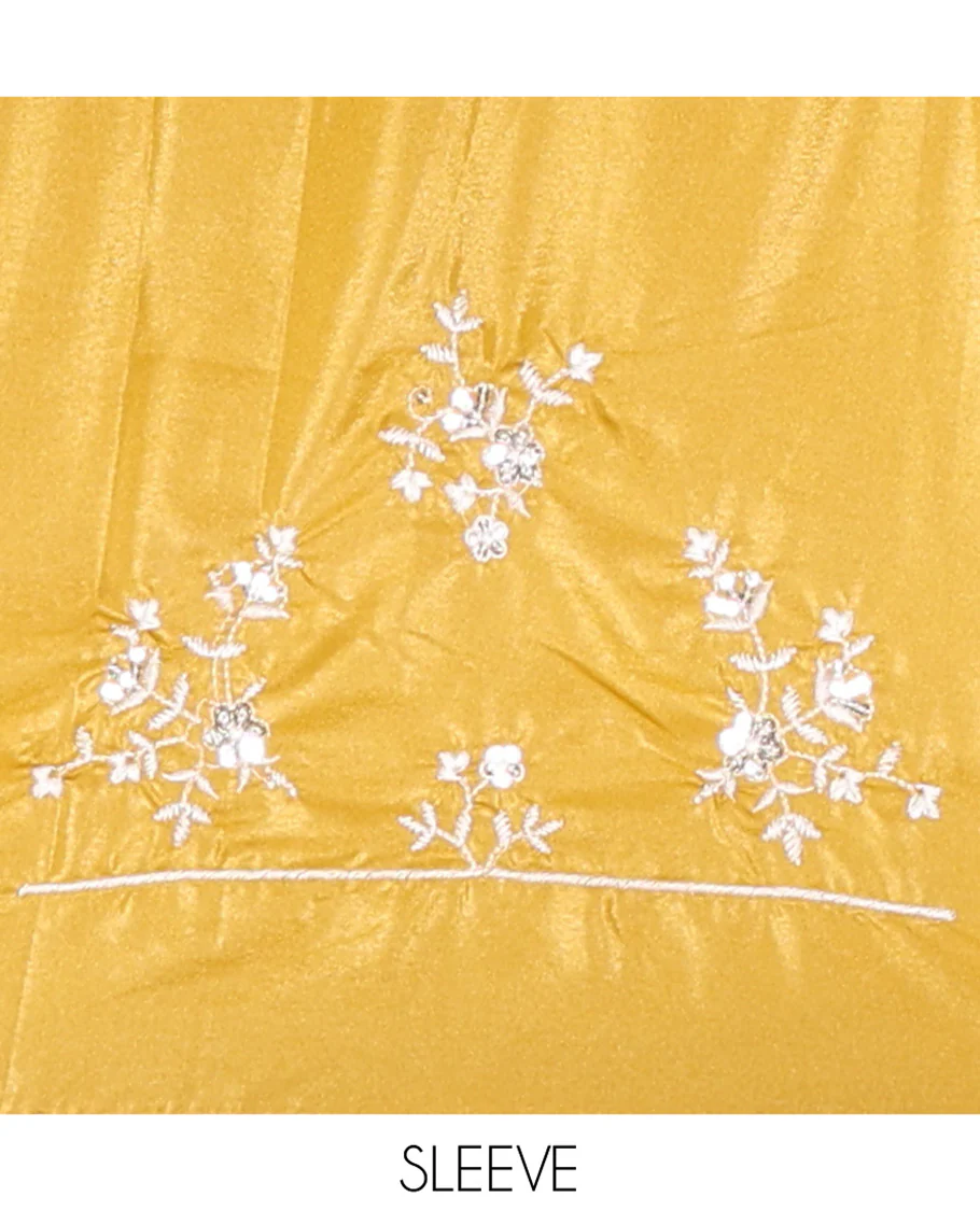 Mustard Plain Satin Crepe Saree, Accentuated with Floral Vine Thread Embroidery on Its Border, a Self-Pallu, and Paired with a Matching Blouse - Image 3