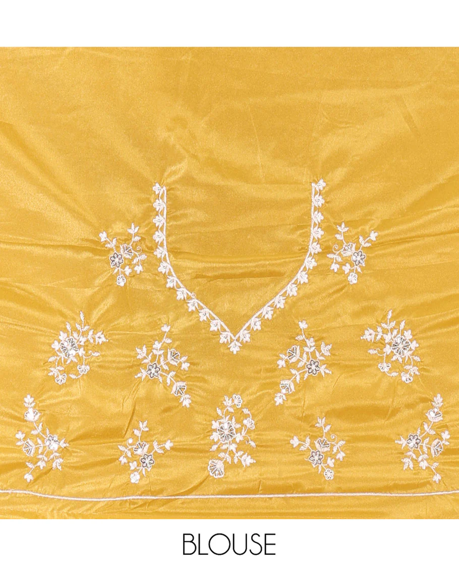 Mustard Plain Satin Crepe Saree, Accentuated with Floral Vine Thread Embroidery on Its Border, a Self-Pallu, and Paired with a Matching Blouse - Image 4