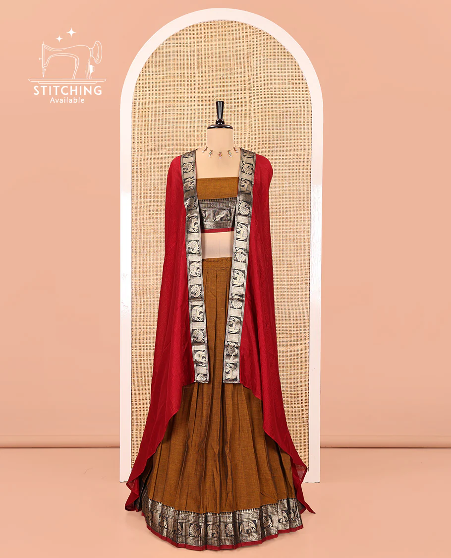 Mustard-Red Mercerised Cotton Half-Saree Features Plain with Contrast Traditional Zari Bordered Skirt, Paired with a Matching Blouse, and Comes with a Contrast Bordered Dhavani - Image 2
