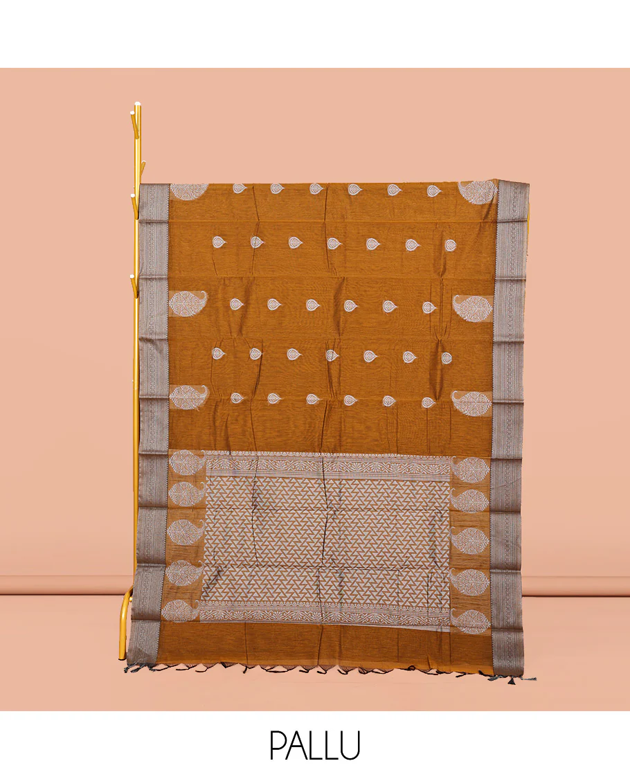 Mustard Semi-Silk Cotton Saree, Delicately Designed with Buttas All Over Its Body, Traditional Design Border of Paisleys, Geometric-Patterned Pallu, and Paired with a Matching Blouse - Image 2