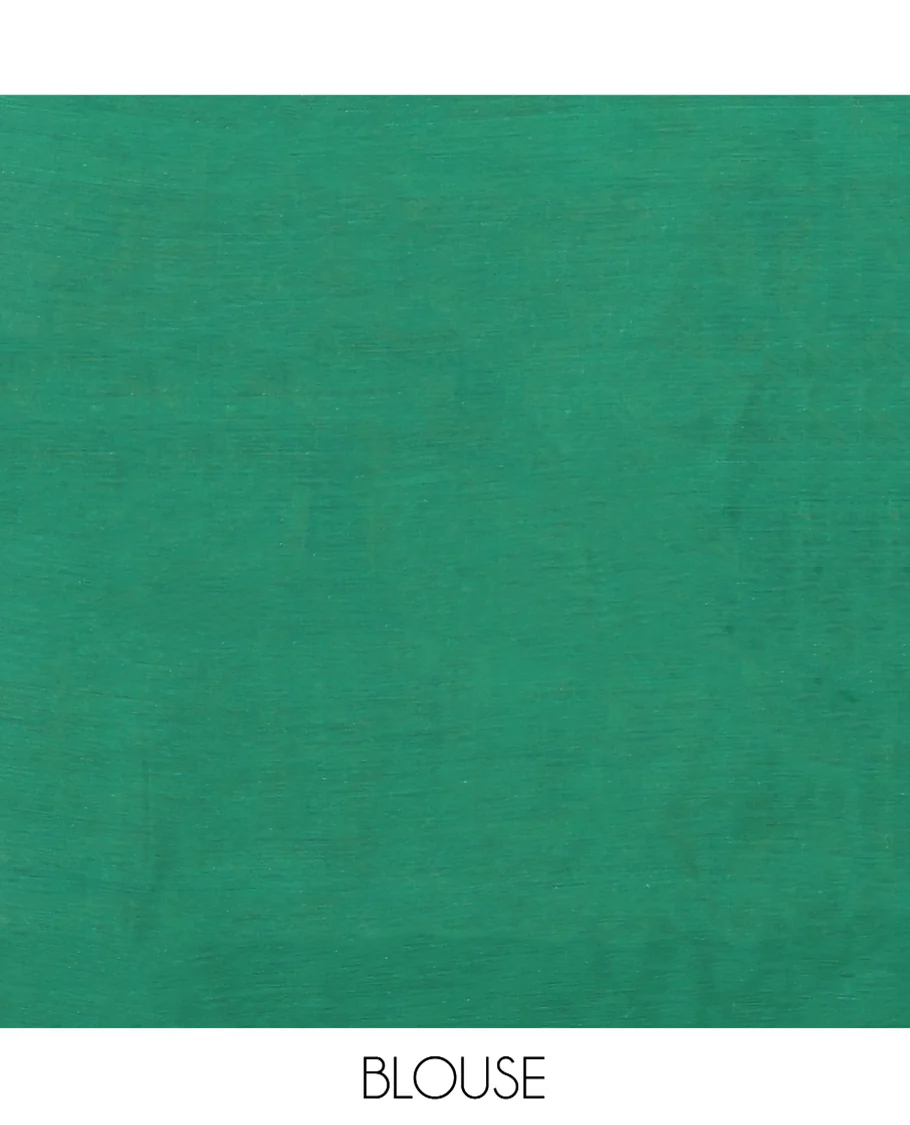 Mustard Semi-Silk Cotton Saree, Ornamented with Peacock Buttas All Over Its Body, Complemented by a Contrast Border of Peacock Designs, Pallu Steeped with Peacock Designs, and Paired with a Contrast Blouse - Image 4