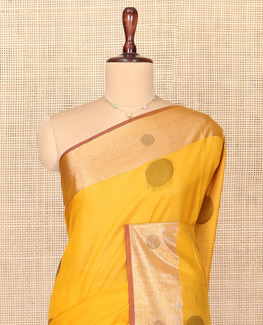 Mustard Silk Cotton Saree, Spotlighted with Round Buttas All Over Its Body, Complemented by Contrast Border, Sparsely Woven Pallu, and Paired with a Contrast Blouse - Image 2