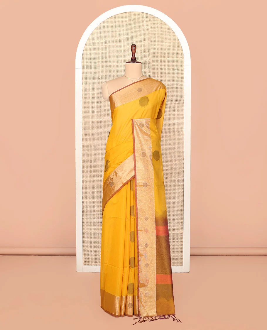 Mustard Silk Cotton Saree, Spotlighted with Round Buttas All Over Its Body, Complemented by Contrast Border, Sparsely Woven Pallu, and Paired with a Contrast Blouse - Image 3