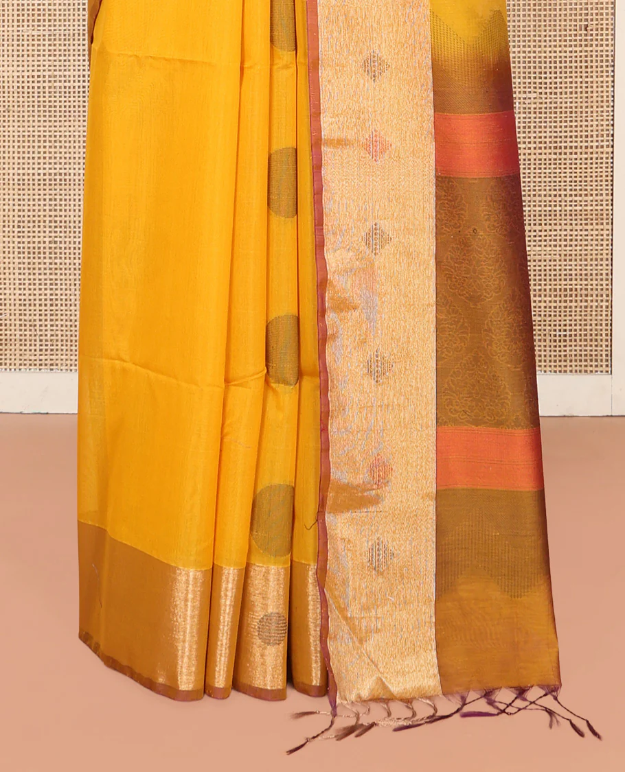 Mustard Silk Cotton Saree, Spotlighted with Round Buttas All Over Its Body, Complemented by Contrast Border, Sparsely Woven Pallu, and Paired with a Contrast Blouse - Image 4
