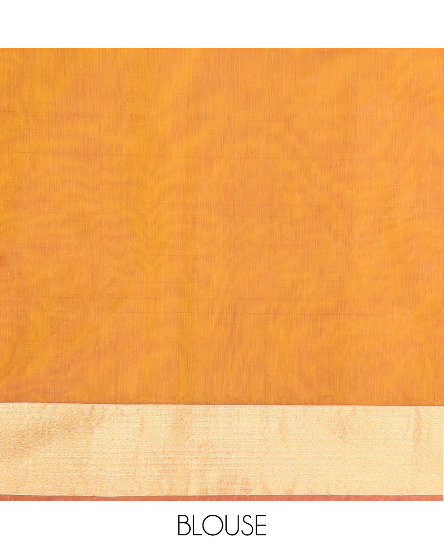 Mustard Silk Cotton Saree, Spotlighted with Round Buttas All Over Its Body, Complemented by Contrast Border, Sparsely Woven Pallu, and Paired with a Contrast Blouse - Image 5