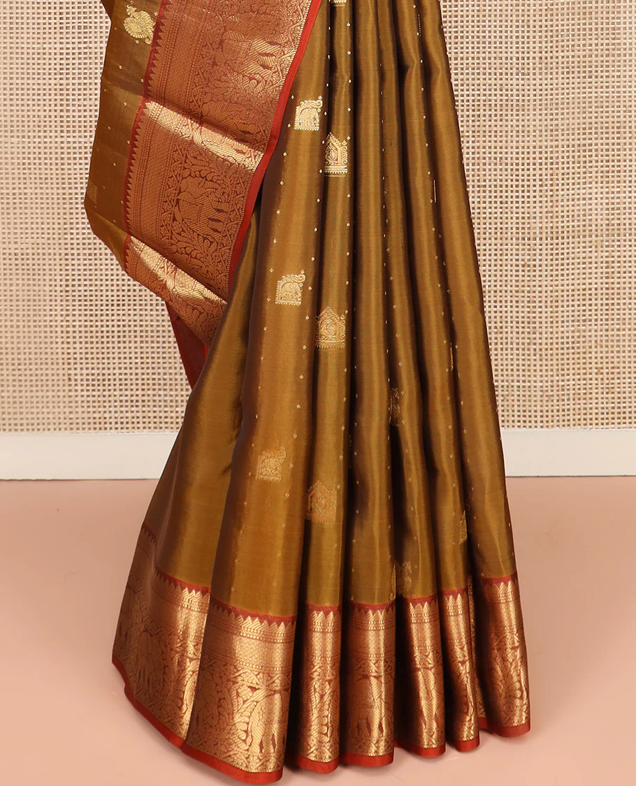 Mustard Vasundhara Lite Silk Mix Saree, Prettified with Zari Buttas All Over Its Body, Complemented by Contrast Border of Rekku, Muthu, Banaras, Mayil Kann, and Yaanai Designs, Grandly Woven Pallu of Diagonal Designs, and Paired with a Contrast Blouse - Image 4
