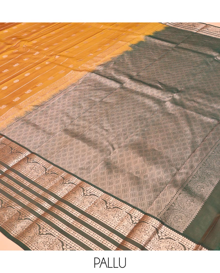 Mustard Vasundhara Lite Silk Mix Saree, Richly Detailed with Zari Buttas and Stripes All Over Its Body Complemented by Contrast Border of Thilakam Mokku, Rudraksham, and Mayil Designs, Grand Jaal Pallu, and Paired with a Contrast Blouse - Image 5