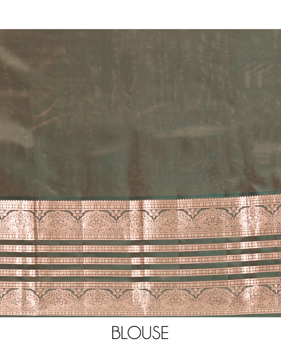 Mustard Vasundhara Lite Silk Mix Saree, Richly Detailed with Zari Buttas and Stripes All Over Its Body Complemented by Contrast Border of Thilakam Mokku, Rudraksham, and Mayil Designs, Grand Jaal Pallu, and Paired with a Contrast Blouse - Image 6