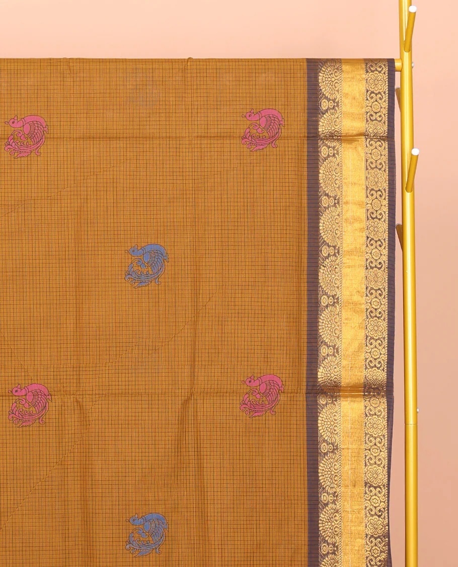Mustard Venkatagiri Cotton Saree, Detailed with Peacock Buttas and Checks, a Contrast Traditional Zari Border, Pallu of Peacock Buttas and Stripes, and No Blouse - Image 2