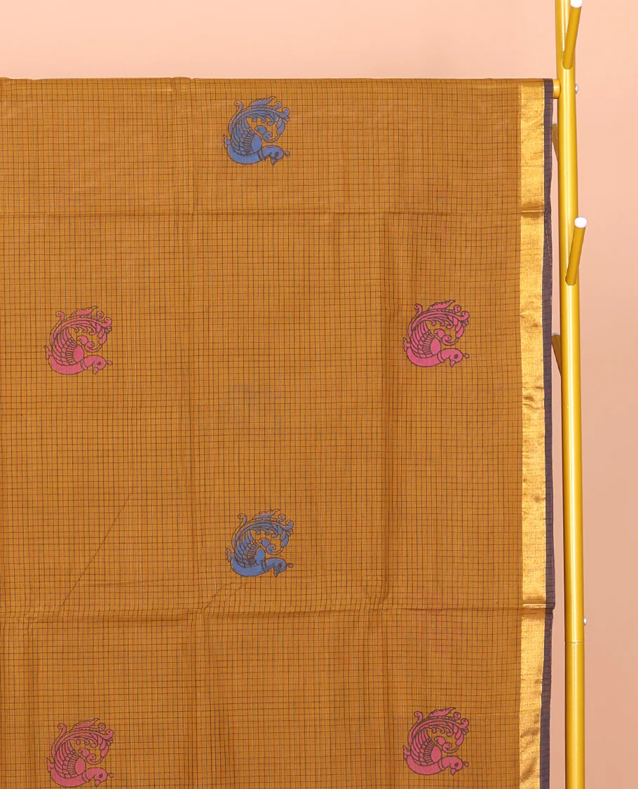 Mustard Venkatagiri Cotton Saree, Detailed with Peacock Buttas and Checks, a Contrast Traditional Zari Border, Pallu of Peacock Buttas and Stripes, and No Blouse - Image 3