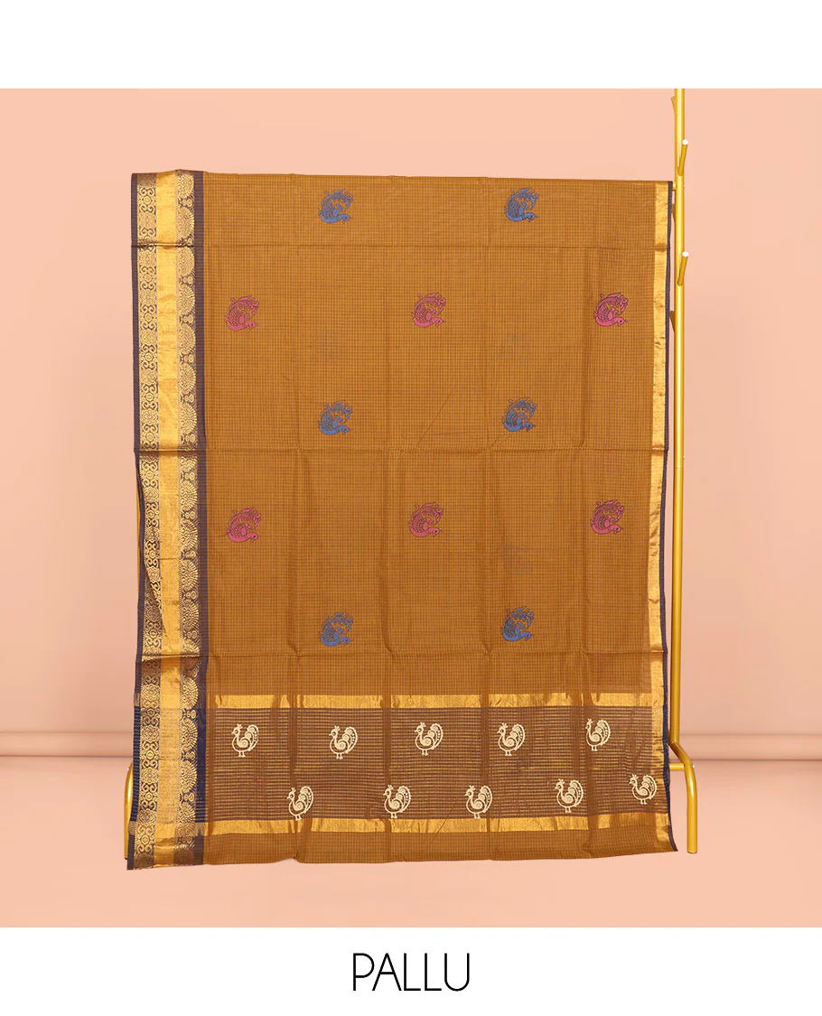 Mustard Venkatagiri Cotton Saree, Detailed with Peacock Buttas and Checks, a Contrast Traditional Zari Border, Pallu of Peacock Buttas and Stripes, and No Blouse - Image 4