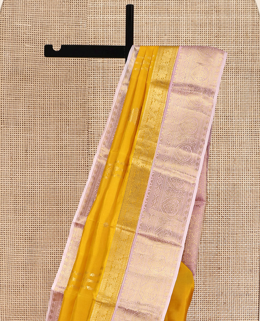 Mustard Yellow-Beach Pink Vasundhara Silk Saree Features Zari Buttas, Contrast Border of Cross Kamalam, Rudraksham, and Thilakam, Grand Pallu, and a Contrast Blouse - Image 10