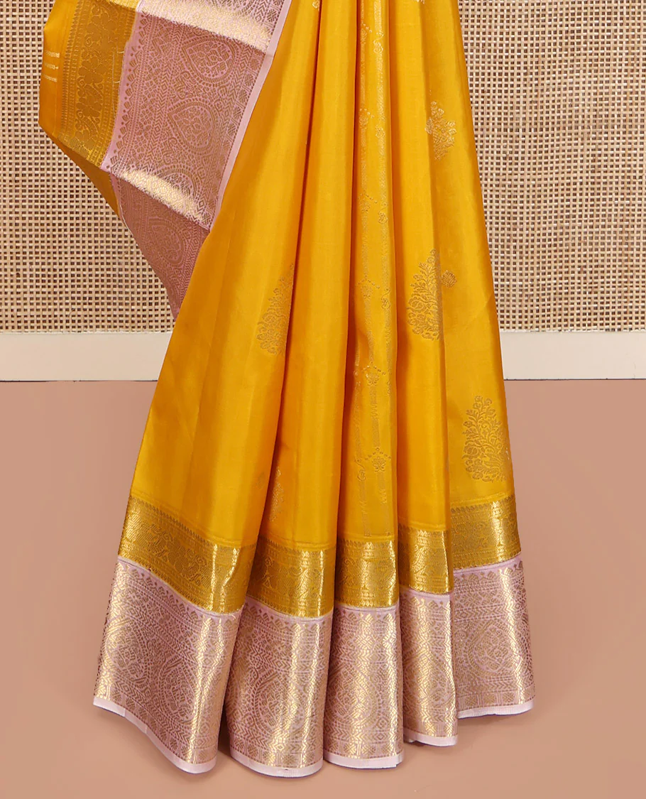 Mustard Yellow-Beach Pink Vasundhara Silk Saree Features Zari Buttas, Contrast Border of Cross Kamalam, Rudraksham, and Thilakam, Grand Pallu, and a Contrast Blouse - Image 11