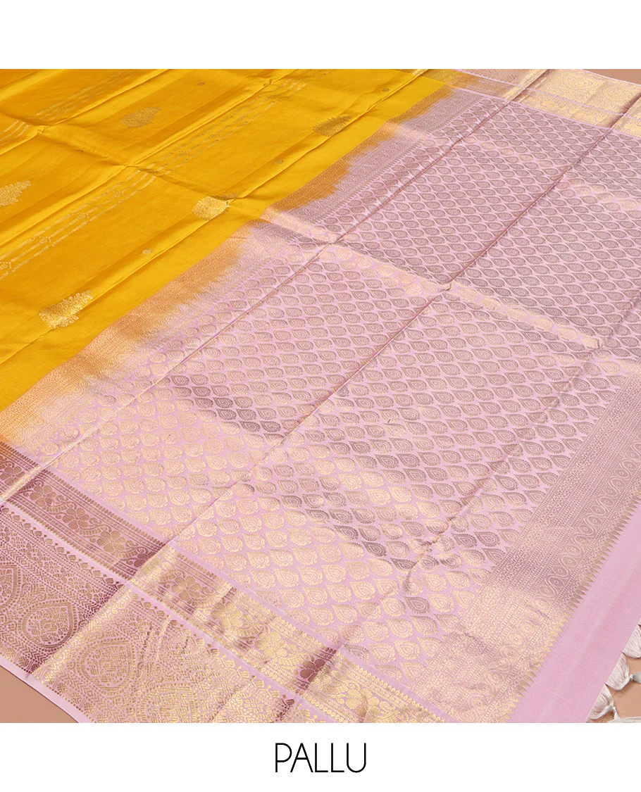 Mustard Yellow-Beach Pink Vasundhara Silk Saree Features Zari Buttas, Contrast Border of Cross Kamalam, Rudraksham, and Thilakam, Grand Pallu, and a Contrast Blouse - Image 12