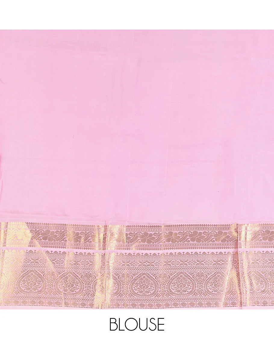 Mustard Yellow-Beach Pink Vasundhara Silk Saree Features Zari Buttas, Contrast Border of Cross Kamalam, Rudraksham, and Thilakam, Grand Pallu, and a Contrast Blouse - Image 13